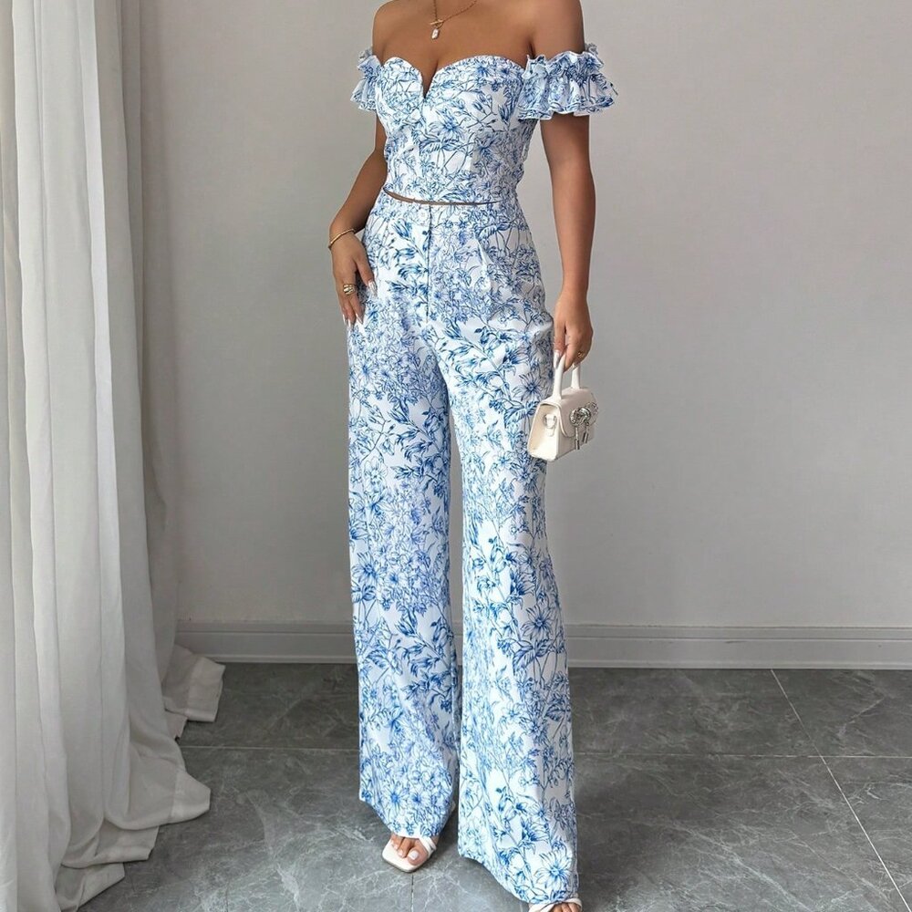 Blue And White Elegant Womens Top & Straight Leg Pants With Print Off Floral Set - Picture 3 of 6